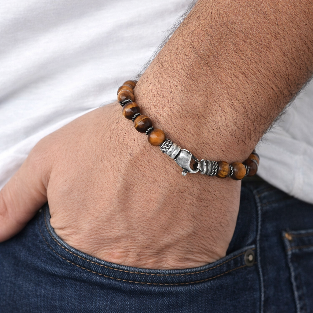 Men’s Tiger’s Eye Bead Bracelet in Sterling Silver