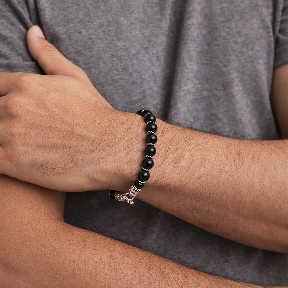 Men’s Sterling Silver Black Onyx Bead Bracelet