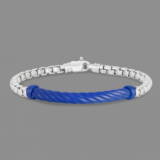 Men’s Sterling Silver & Blue Enamel Cable Bar Bracelet