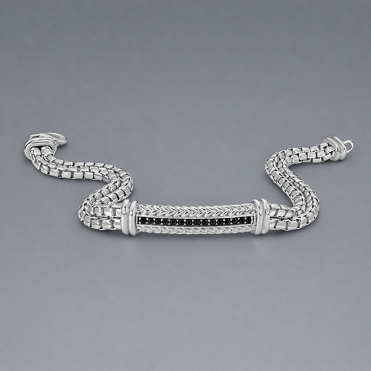 Men’s Sterling Silver & Black Spinel Woven Box Link Bracelet