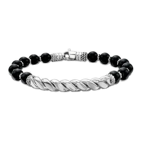 Men’s Sterling Silver Cable Twist Bar Bracelet with Black Onyx