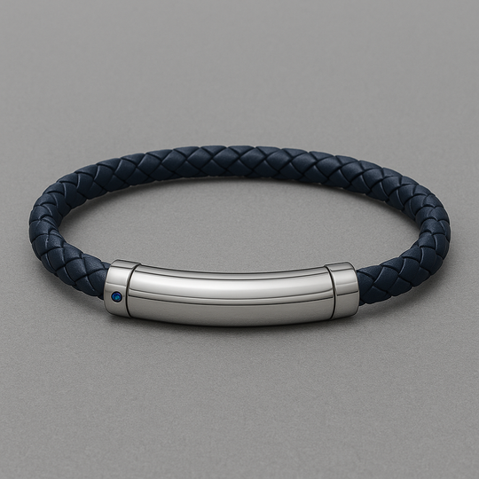 Men’s Sterling Silver & Blue Woven Leather Bracelet with Blue Sapphire