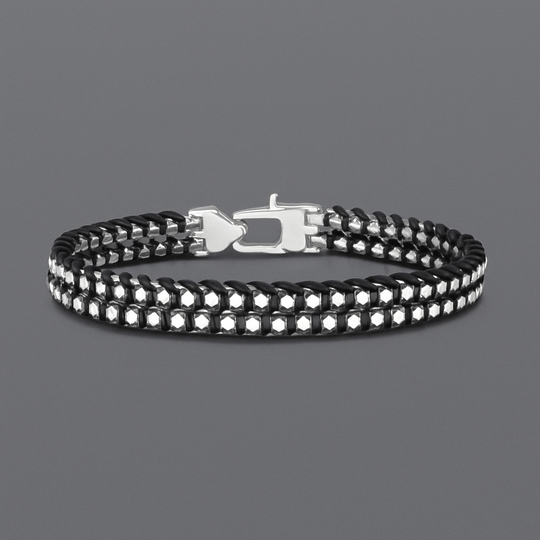 Men’s Sterling Silver Box Link Bracelet with Black Woven Cord