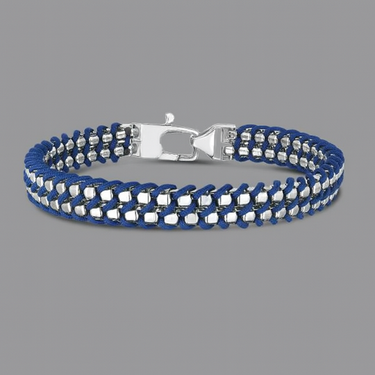 Men’s Sterling Silver Box Link Bracelet with Blue Woven Cord