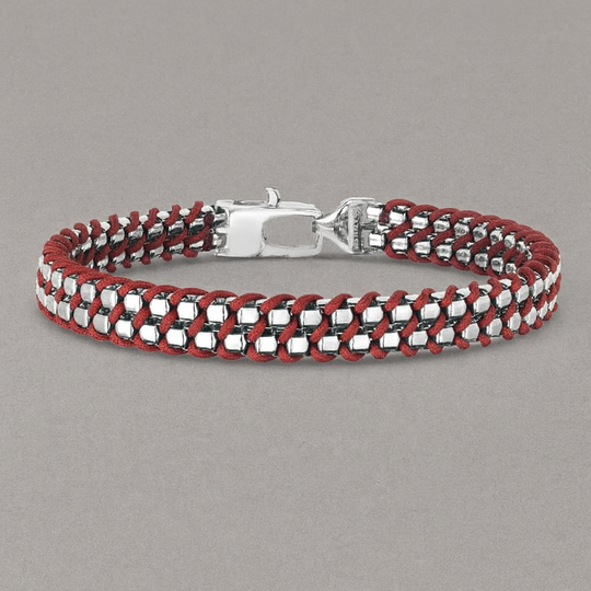 Men’s Sterling Silver Box Link Bracelet with Red Woven Cord