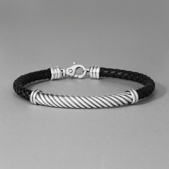 Men’s Sterling Silver Twisted Black Leather Rope Bracelet