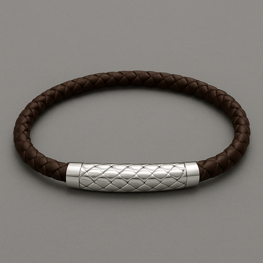 Men’s Sterling Silver & Brown Woven Leather Bangle Bracelet