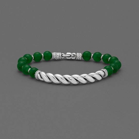 Men’s Sterling Silver Cable Twist Bar Bracelet with Green Agate