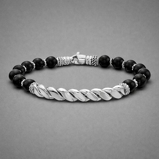 Men’s Sterling Silver Cable Twist Bar Bracelet with Black Onyx