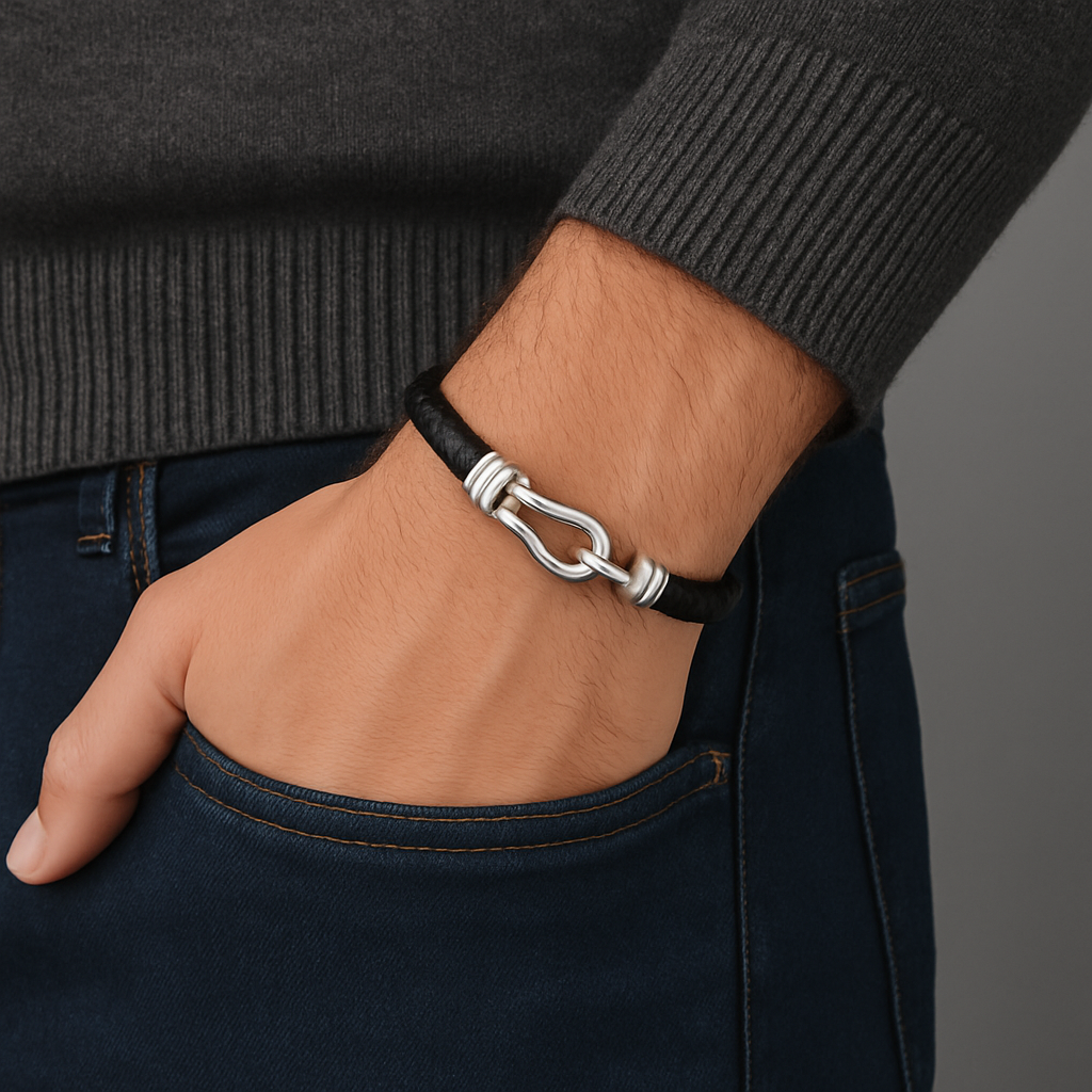 Men’s Sterling Silver & Black Woven Leather Bracelet