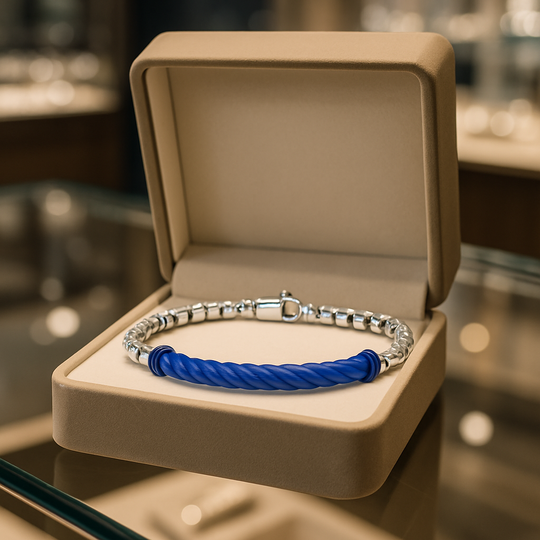 Men’s Sterling Silver & Blue Enamel Cable Bar Bracelet