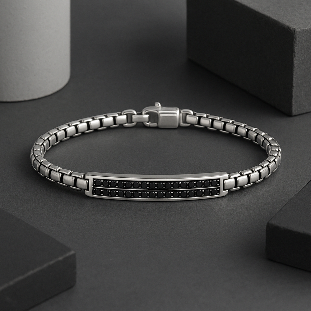 Men’s Sterling Silver & Black Spinel Box Link Bracelet