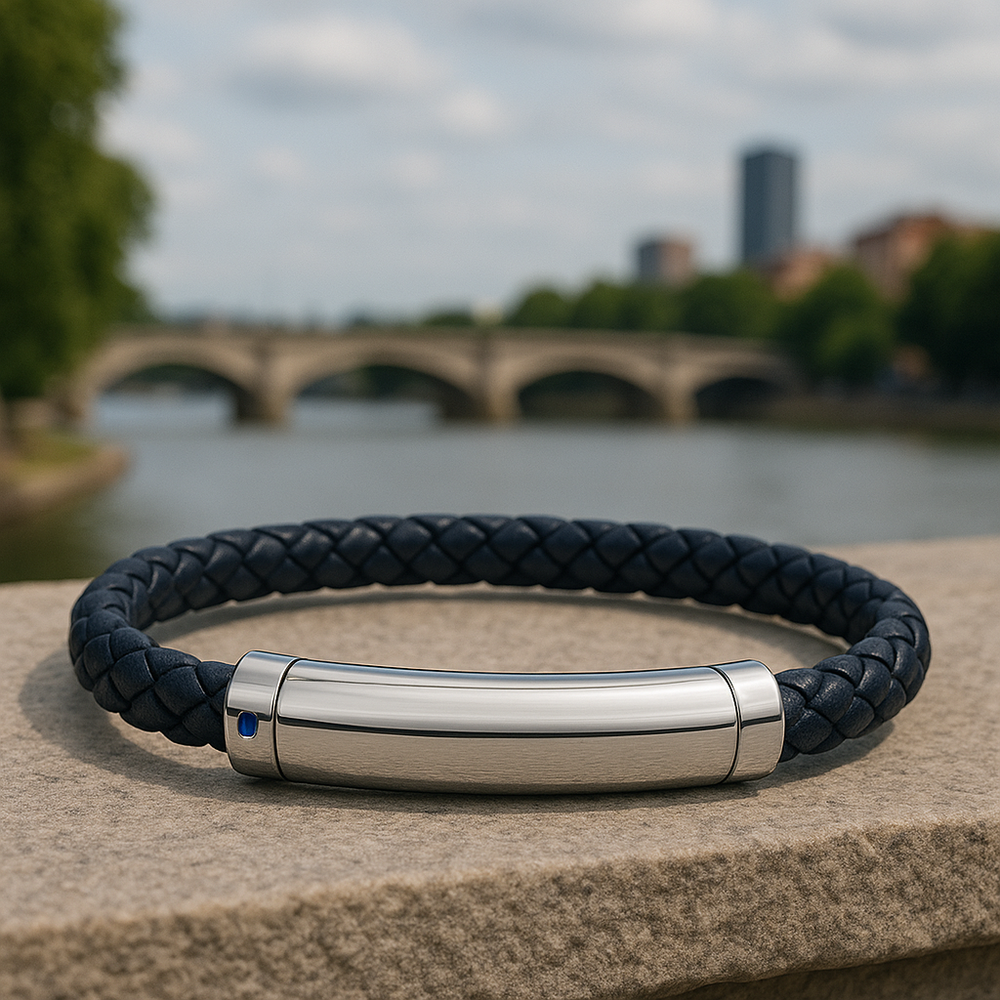 Men’s Sterling Silver & Blue Woven Leather Bracelet with Blue Sapphire