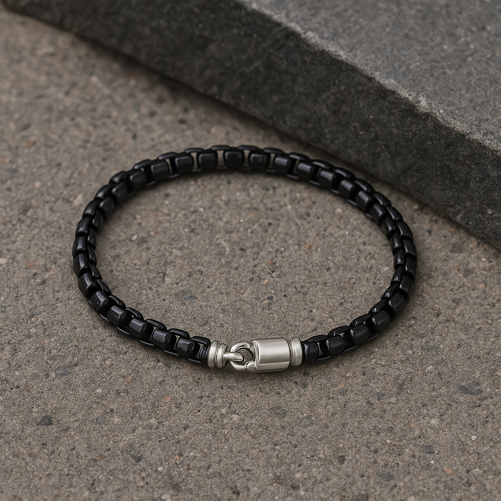 Men’s Sterling Silver Black Box Link Bracelet