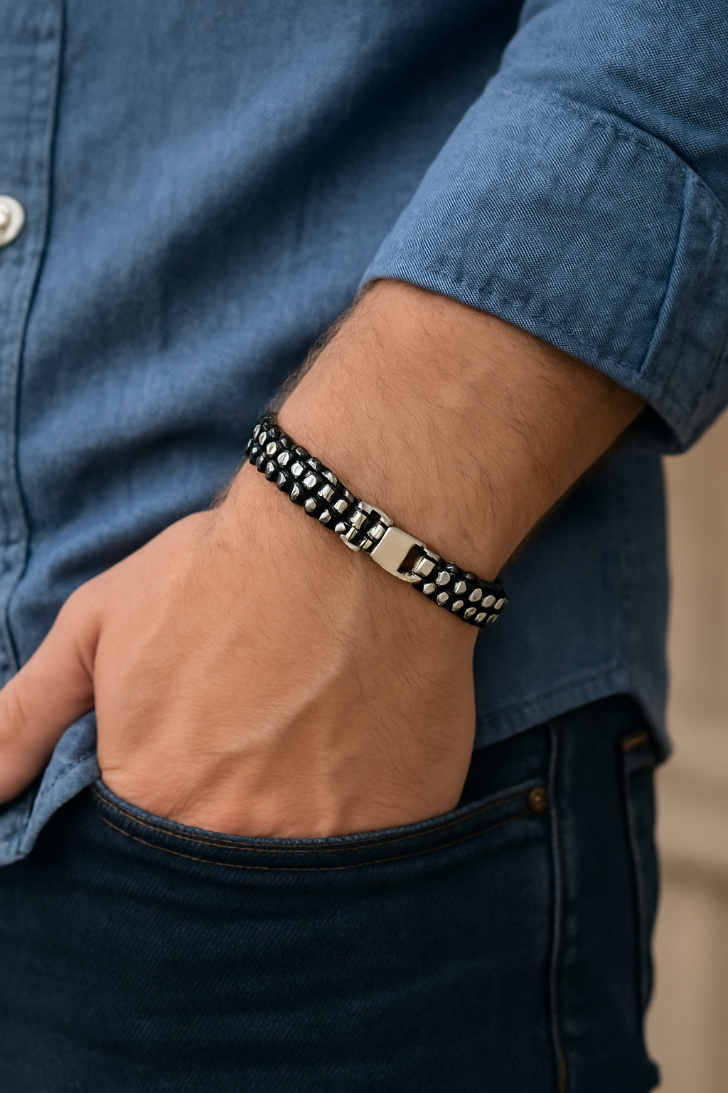 Men’s Sterling Silver Box Link Bracelet with Black Woven Cord