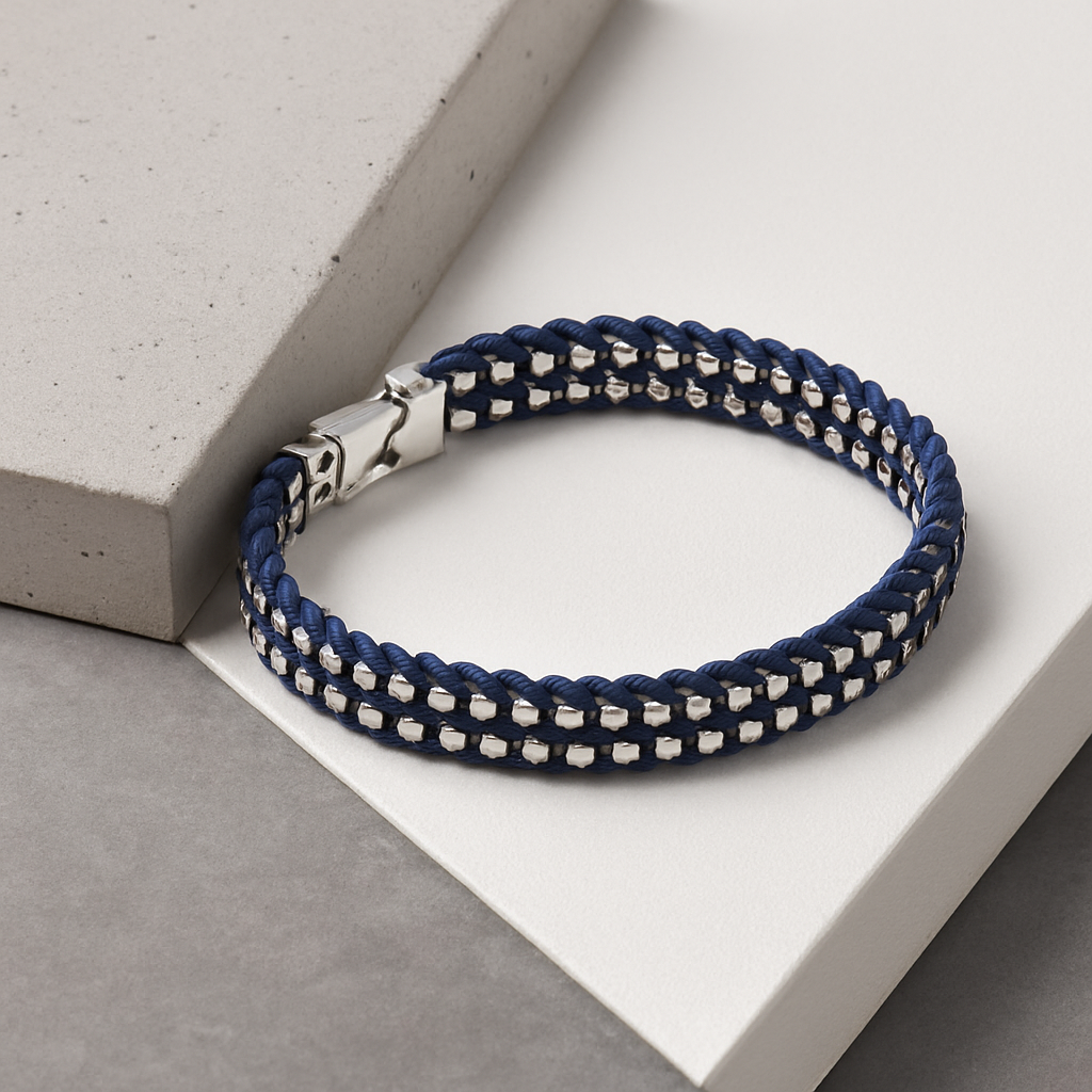 Men’s Sterling Silver Box Link Bracelet with Blue Woven Cord