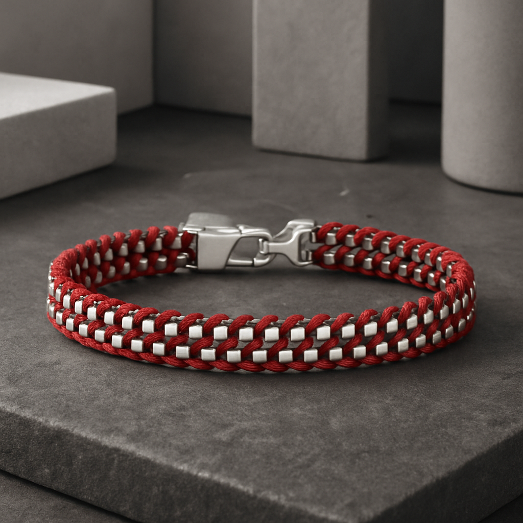 Men’s Sterling Silver Box Link Bracelet with Red Woven Cord