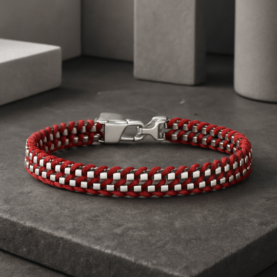 Men’s Sterling Silver Box Link Bracelet with Red Woven Cord