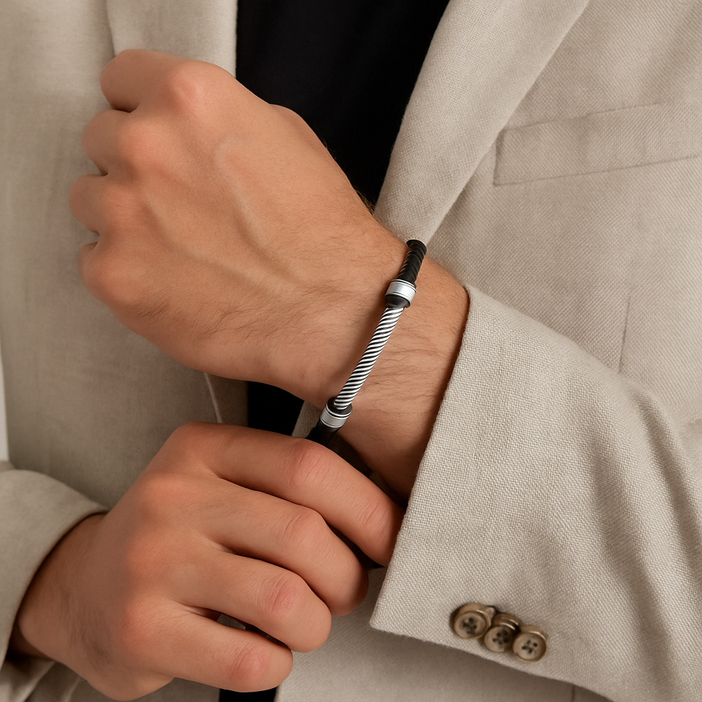 Men’s Sterling Silver Twisted Black Leather Rope Bracelet