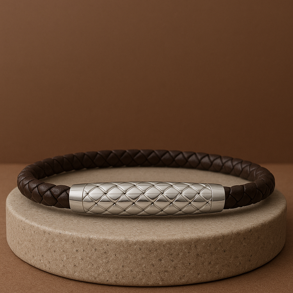 Men’s Sterling Silver & Brown Woven Leather Bangle Bracelet