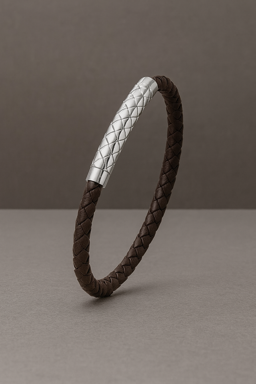 Men’s Sterling Silver & Brown Woven Leather Bangle Bracelet