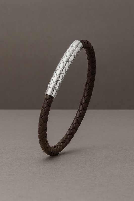Men’s Sterling Silver & Brown Woven Leather Bangle Bracelet
