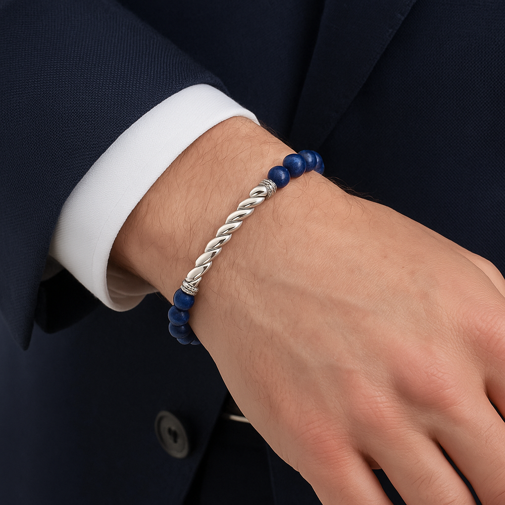Men’s Sterling Silver Cable Twist Bar Bracelet with Blue Lapis