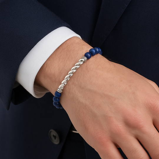 Men’s Sterling Silver Cable Twist Bar Bracelet with Blue Lapis
