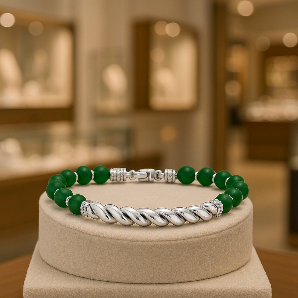 Men’s Sterling Silver Cable Twist Bar Bracelet with Green Agate