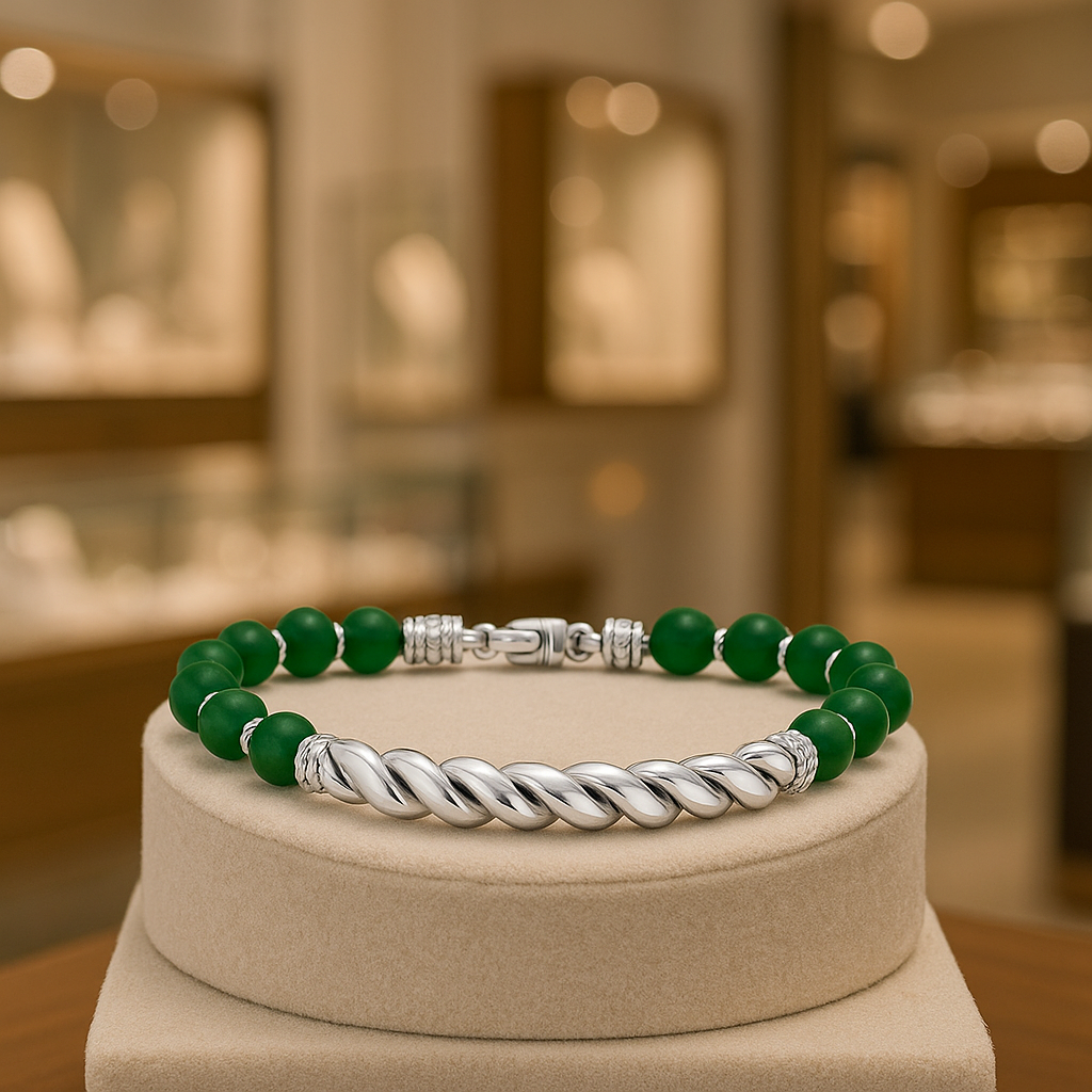 Men’s Sterling Silver Cable Twist Bar Bracelet with Green Agate