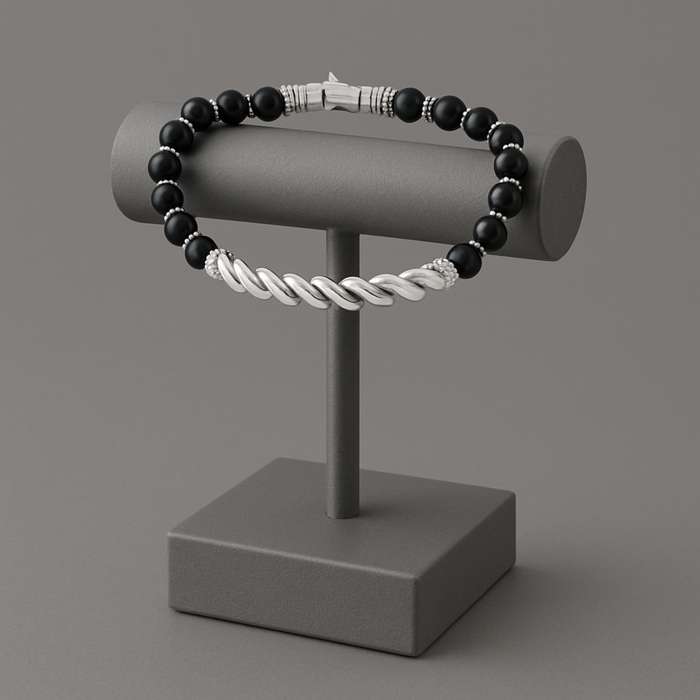 Men’s Sterling Silver Cable Twist Bar Bracelet with Black Onyx