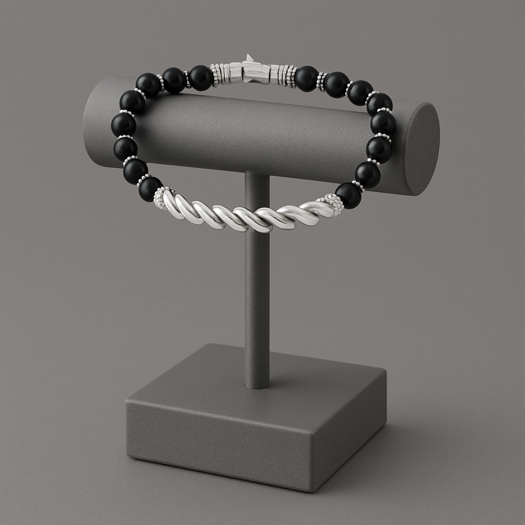 Men’s Sterling Silver Cable Twist Bar Bracelet with Black Onyx