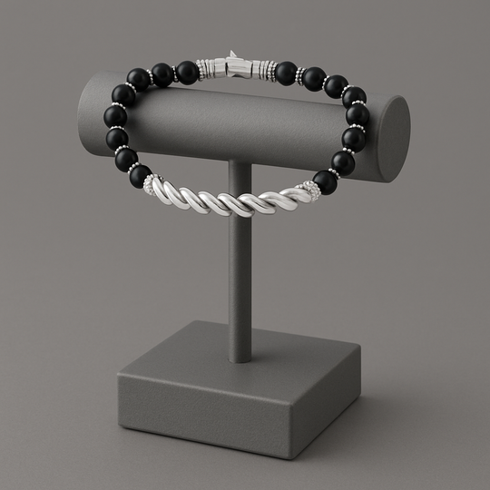 Men’s Sterling Silver Cable Twist Bar Bracelet with Black Onyx