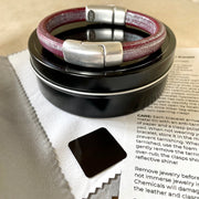 PURPLE SELECTION -Cobo Leather Bracelet Collection with <strong>Double</strong> Antique Silver Magnetic Clasps