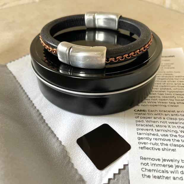 GOLD SELECTION - Cobo Leather Bracelet Collction with <strong>Double</strong> Antique Silver Magnetic Clasps