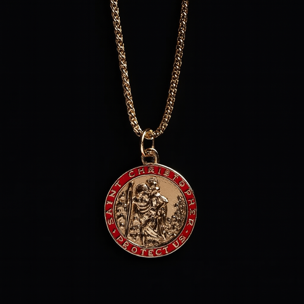 Saint Christopher Necklace for Men – Red Enamel Gold Vermeil Pendant, 24" Chain