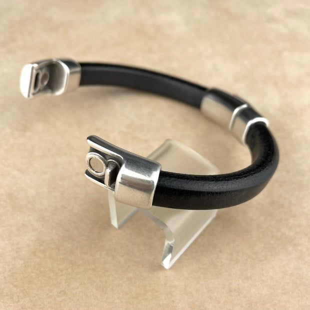 Black Leather Unisex Cobo Bracelet with <strong>Double</strong> Antique Silver Magnetic Clasps