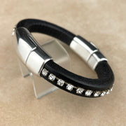 Black Leather & Crystal Chain Unisex Cobo Bracelet with <strong>Double</strong> Antique Silver Clasps