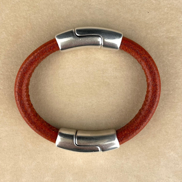Distressed Orange Leather Unisex Cobo Bracelet with <strong>Double</strong> Antique Silver Magnetic  Clasps