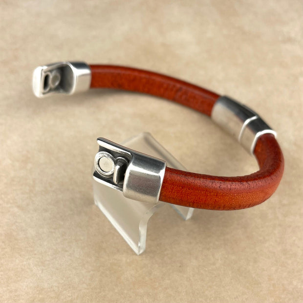 Distressed Orange Leather Unisex Cobo Bracelet with <strong>Double</strong> Antique Silver Magnetic  Clasps