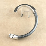 Metallic Silver Black Leather Unisex Arena Bracelet with <strong>Single</strong> Antique Silver Magnetic Clasp
