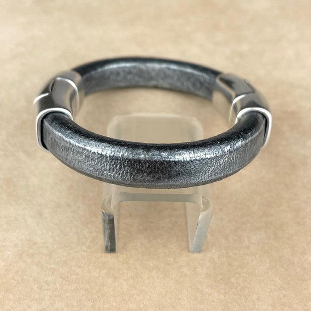 Metallic Silver Black Leather Unisex Cobo Bracelet with <strong> Double</strong> Antique Silver Magnetic Clasps