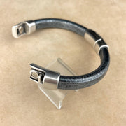 Metallic Silver Black Leather Unisex Cobo Bracelet with <strong> Double</strong> Antique Silver Magnetic Clasps