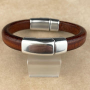 Distressed Whiskey Color Leather Unisex Cobo Bracelet with <strong>Double</strong> Antique Silver Magnetic Clasps