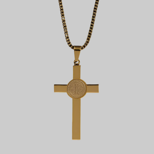 St. Benedict Gold Cross Necklace for Men – Stainless Steel Franco Chain