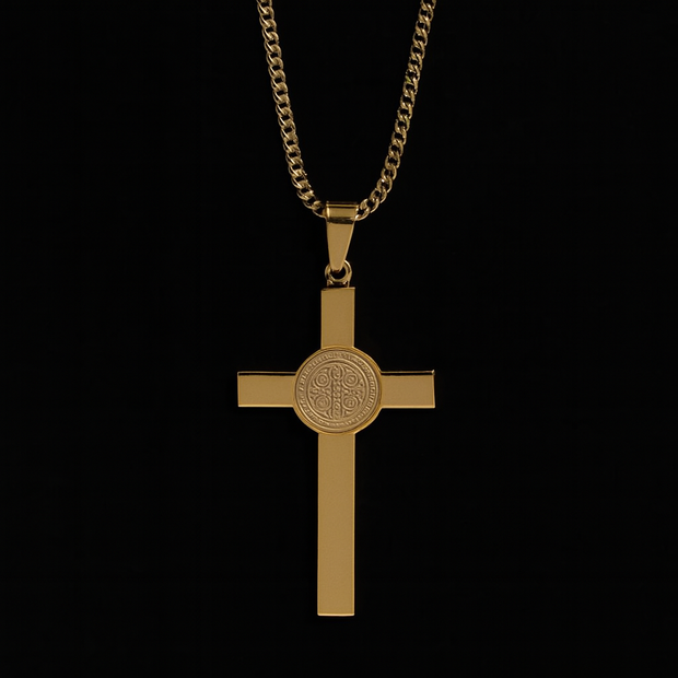 St. Benedict Gold Cross Necklace for Men – Stainless Steel Franco Chain