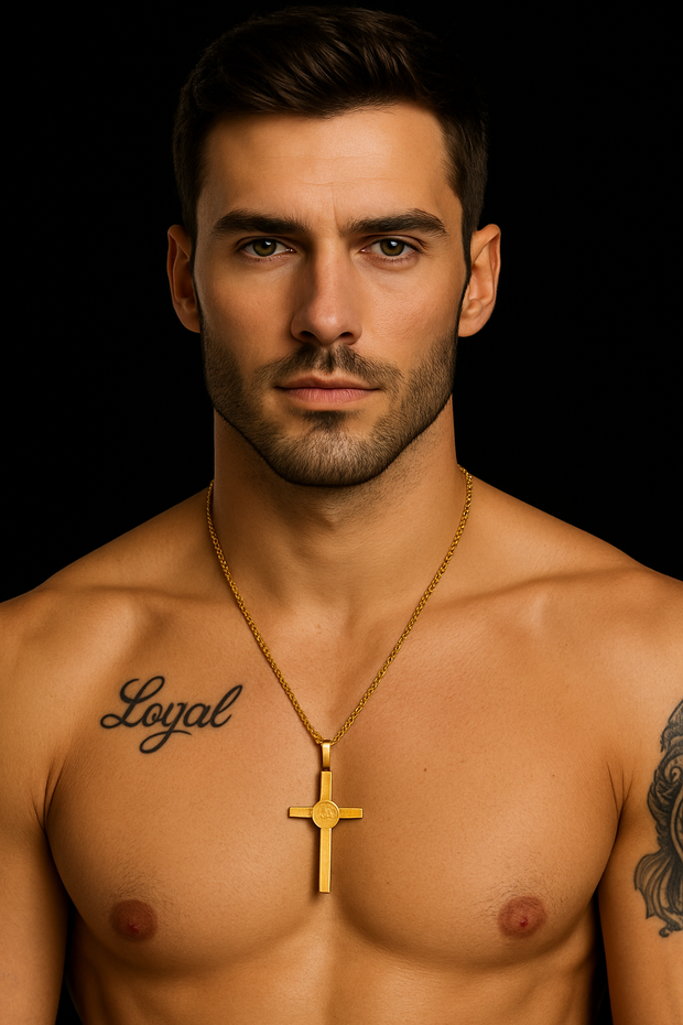 St. Benedict Gold Cross Necklace for Men – Stainless Steel Franco Chain