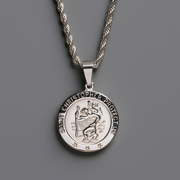 Men’s Stainless Steel St. Christopher Medal Pendant Necklace – 24 inch Silver Rope Chain