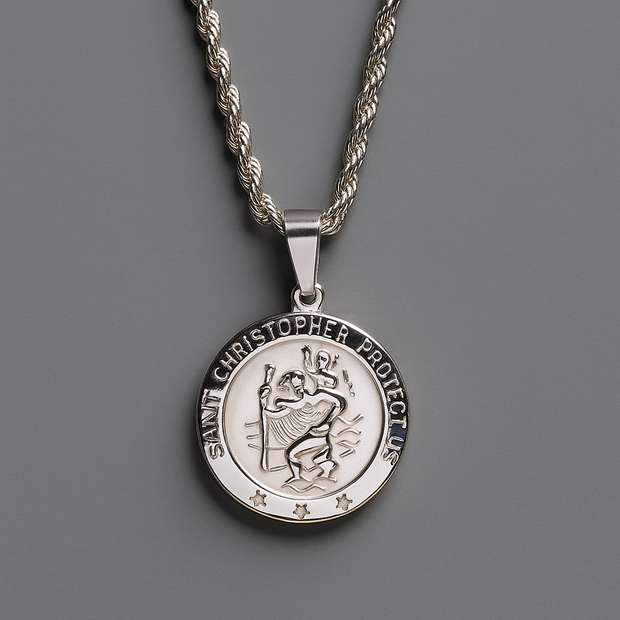 Men’s Stainless Steel St. Christopher Medal Pendant Necklace – 24 inch Silver Rope Chain