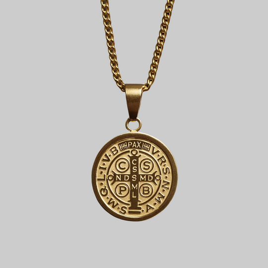 St. Benedict Medal Necklace 14K Gold Plated Larger Pendant for Men
